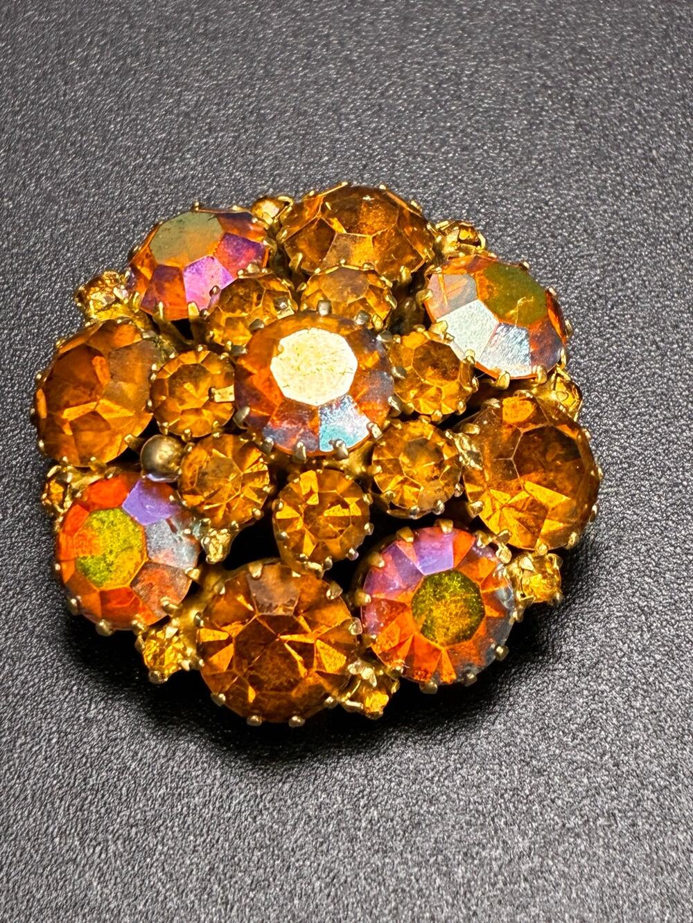 Vintage Amber Aurora Borealis Rhinestone Cluster Brooch